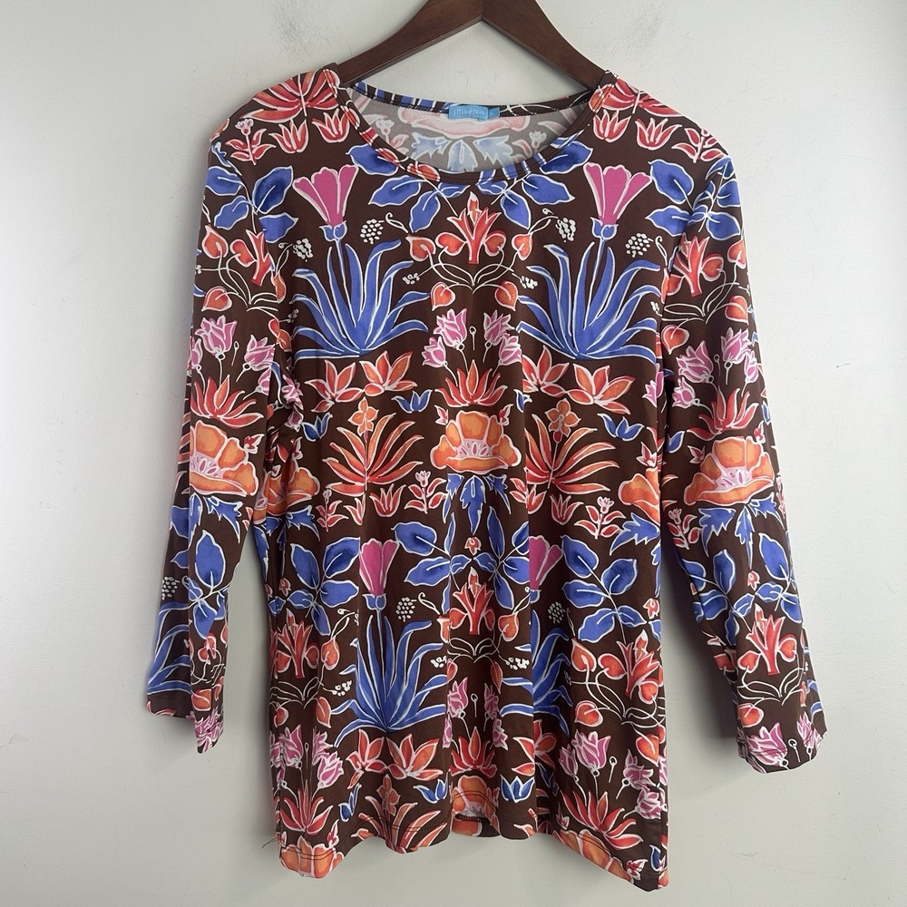 J McLaughlin Floral Botanical Catalina Cloth Top XL Blue Stretch Preppy Resort